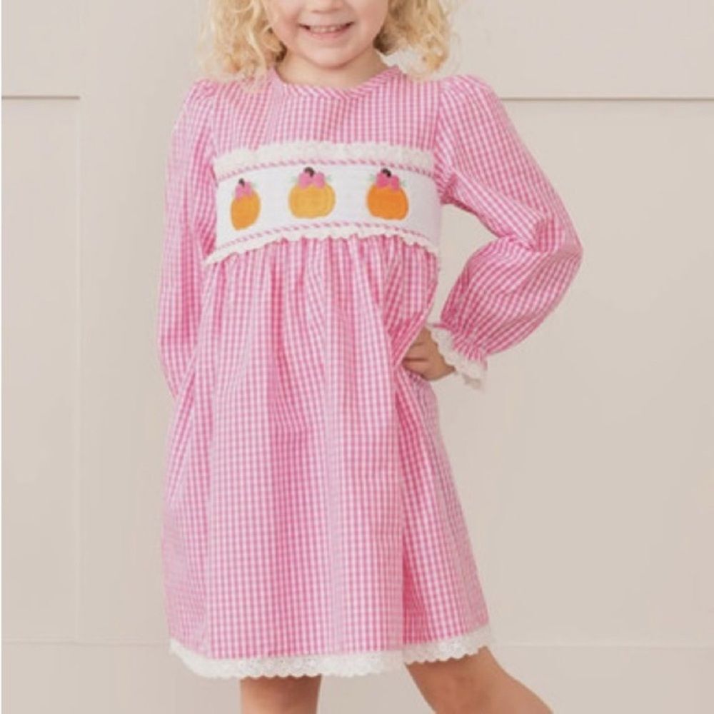 BNWT Marie Nicole Pink White Gingham Pumpkin Smocked Long Sleeve Dress Sz 9/10